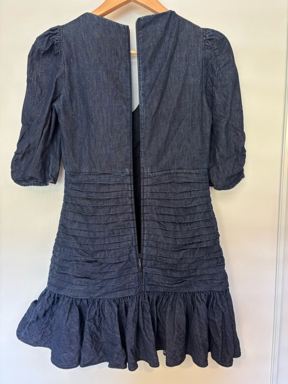 Tanya Taylor Pansy Mini Dress Size 2 Ruched Denim Americana Ruffle Tier Flounce - Picture 11 of 15